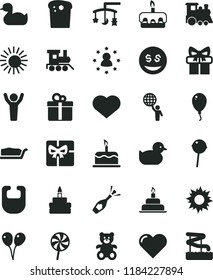 solid black flat icon set heart symbol vector, toys over the cradle, bib, rubber duck, baby duckling, teddy bear, toy train, children's, colored air balloons, balloon, birthday cake, gift, Easter
