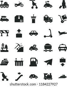 solid black flat icon set paper airplane vector, summer stroller, sitting, motor vehicle, child Kick scooter, traffic signal, car, delivery, cardboard box, shipment, sea port, coal mining, battery