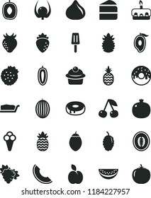 solid black flat icon set muffin vector, piece of cake, slice, torte, with a hole, glazed, popsicle, cone, strawberries, pineapple, apple, cherry, pomegranate, branch grape, raspberry, strawberry