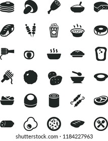 solid black flat icon set baby bib vector, deep plate with a spoon, sausage, cheese, tin, fried vegetables on sticks, pizza, spaghetti, noodles, porcini, cake hole, pie, bowl of rice porridge, hot