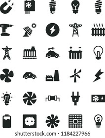 solid black flat icon set incandescent lamp vector, drill, saving light bulb, power socket type f, lightning, fan screw, charge level, big solar panel, wind energy, battery, hydroelectricity, line