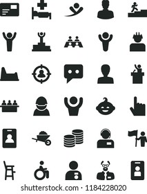 solid black flat icon set woman vector, potty chair, a for feeding child, funny hairdo, garden trolley, index finger, pass card, operator, coins, racer, builder, court hearing, man in sight, think