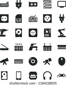 solid black flat icon set camera vector, keyboard, cordless drill, power socket type b, f, heating coil, faucet mixer, headphones, smartphone, battery, plug, electric, assembly robot, SIM, fan, hdd