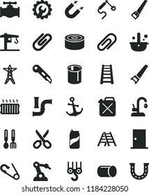 solid black flat icon set scissors vector, clip, open pin, iron fork spoons, crane, winch hook, hand saw, arm, stepladder, ladder, ntrance door, gear, stationery knife, kitchen faucet, anchor, valve