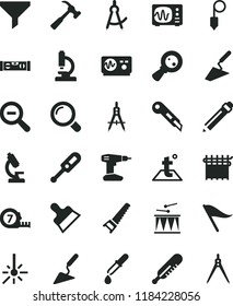 solid black flat icon set graphite pencil vector, zoom out, wind direction indicator, electronic thermometer e, mercury, drumroll, trowel, building, drill, hand saw, long meashuring tape, level