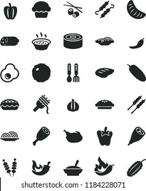 solid black flat icon set iron fork spoons vector, sausage, canned goods, fried vegetables on sticks, onion, slices of, spaghetti, cake, pie, apple, a bowl buckwheat porridge, in saucepan, chicken