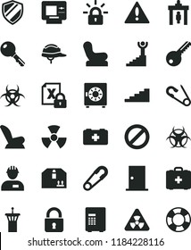 solid black flat icon set warning vector, prohibition, Baby chair, car child seat, safety pin, open, bag of a paramedic, medical, workman, key, ntrance door, helmet, lock, strongbox, cardboard box
