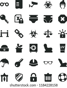 solid black flat icon set mark of injury vector, spectacles, scales, diaper, nappy, Baby chair, car child seat, winter hat, warm, construction helmet, dust bin, lock, key, umbrella, strongbox, safe