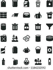 solid black flat icon set bin vector, storage unit, mug for feeding, measuring cup, bottle, e, packing of juice with a straw, bucket, dust, drawer, package, canned goods, tin, popcorn, coffe to go