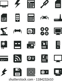 solid black flat icon set lightning vector, floppy disk, monitor, window, bank card, calculator, rss feed, electronic thermometer e, screen, cards, math actions, processor, assembly robot, SIM, usb
