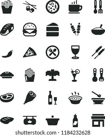 solid black flat icon set plates and spoons vector, plastic fork, iron, coffee, fried vegetables on sticks, pizza, piece of, big burger, cake, pie, a bowl rice porridge, in saucepan, bacon, chop