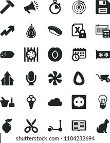 solid black flat icon set floppy disk vector, scissors, stopwatch, growth up, toy sand set, Kick scooter, building trolley, calculation, hammer, book, microphone, sausage, stick of, japanese sushi
