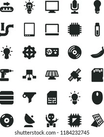 solid black flat icon set desktop microphone vector, monitor, cordless drill, CD, banana, water pipes, light bulb, gear, production conveyor, smd, satellite antenna, SIM, filter, hierarchical scheme
