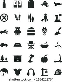 solid black flat icon set storage unit vector, t short, small teddy bear, child Kick scooter, hook, garden trolley, trowel, umbrella, fried vegetables on sticks, piece of cake, a bowl rice porridge