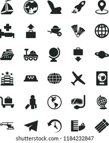 solid black flat icon set paper airplane vector, car child seat, garden trolley, globe, earth, planet, geolocation, space rocket, history, lunar rover, helicopter, plane, sail boat, taxi, passenger