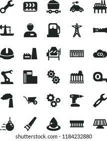 solid black flat icon set workman vector, big core, building trolley, concrete mixer, drill, hand saw, measuring tape, construction level, helmet, oil derrick, gas station, modern, manufacture, CO2