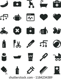 solid black flat icon set heart symbol vector, mark of injury, first aid kit, toys over the cradle, cot, mug for feeding, measuring cup, bottle, powder, baby, carriage, sitting stroller, mercury