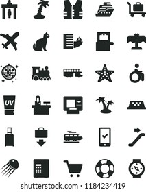 solid black flat icon set train vector, bus, taxi, escalator, security gate, rolling suitcase, baggage scanner, plane, phone registration, getting, atm, hotel, uv cream, palm tree, disco ball, pets