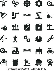 solid black flat icon set big core vector, cogwheel, concrete mixer, measuring tape, long meashuring, building level, construction helmet, putty knife, commercial seaport, oil derrick, water pipes