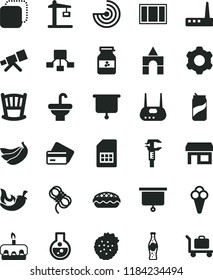 solid black flat icon set cradle vector, box of bricks, cogwheel, window frame, washbasin, hawser, copy, torte, apple pie, chili, soda can, bottle, cone, jar jam, strawberries, bananas, SIM card