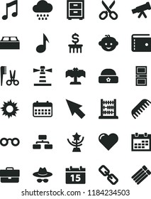 solid black flat icon set scissors vector, calendar, briefcase, purse, spectacles, hat with glasses, bedside table, accessories for a hairstyle, comb, cloud, children's hairdo, warm, abacus, heart