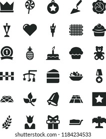 solid black flat icon set toys over the cradle vector, teddy bear, cake, building trowel, ceramic tiles, paving slab, pavement, bell, heart, muffin, piece of, slice, a plate fruit, lollipop, squash