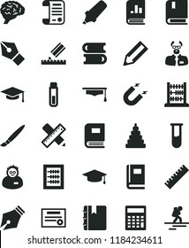 solid black flat icon set tassel vector, yardstick, calculator, new abacus, stacking toy, e, books, writing accessories, drawing, notebook, magnet, pencil, text highlighter, book on statistics