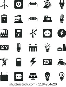 solid black flat icon set lightning vector, power socket type b, f, dangers, bulb, charge level, charging battery, solar panel, windmill, wind energy, factory, accumulator, hydroelectric station