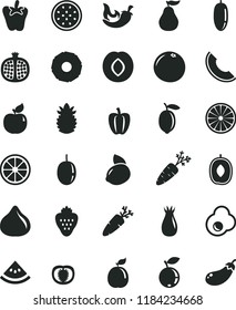 solid black flat icon set chili vector, peper, carrot, fried egg, strawberry, half pomegranate, apricot, plum, rose hip, fig, blueberry, slice of melon, delicious, date fruit, passion, lemon, yellow