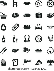 solid black flat icon set plates and spoons vector, a chair for feeding, plastic fork, sausage, stick of, fried vegetables on sticks, pizza, piece, Hot Dog, mini, burger, noodles, pie, bacon, chop