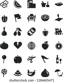 solid black flat icon set wind direction indicator vector, tumbler, toy sand set, baby train, small yule, concrete mixer, broken heart, flag, slices of onion, tomato, chili, Chupa Chups, lollipop