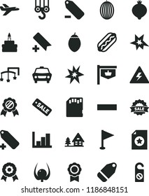 solid black flat icon set danger of electricity vector, add bookmark, minus, label, remove, pennant, negative histogram, toys over the cot, winch hook, car, Hot Dog, birthday cake, medlar, melon