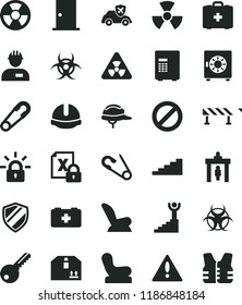 solid black flat icon set warning vector, prohibition, Baby chair, car child seat, safety pin, open, bag of a paramedic, medical, workman, key, ntrance door, construction helmet, road fence, nuclear