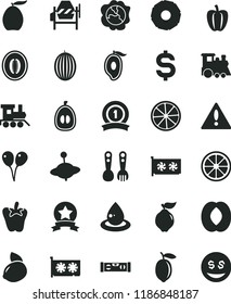 solid black flat icon set warning vector, plastic fork spoons, baby toy train, children's, yule, colored air balloons, concrete mixer, building level, peper, squash, quince, melon, half of mango