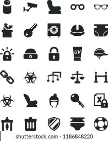 solid black flat icon set spectacles vector, scales, toys over the cot, diaper, nappy, powder, Baby chair, car child seat, winter hat, warm, construction helmet, dust bin, lock, key, strongbox
