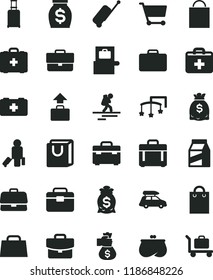 solid black flat icon set briefcase vector, paper bag, first aid kit, toys over the cot, of a paramedic, medical, portfolio, suitcase, case, with handles, package, cart, purse, money, dollars, hand