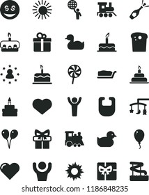 solid black flat icon set heart symbol vector, toys over the cradle, bib, rubber duck, baby duckling, toy train, children's, colored air balloons, balloon, cake, birthday, gift, Easter, slice, torte
