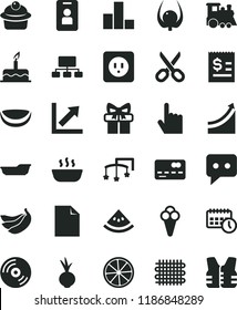 solid black flat icon set scissors vector, clean sheet of paper, bar chart, growth, toys over the cot, bath, children's train, cake, power socket type b, index finger, CD, muffin, hot porridge, beet