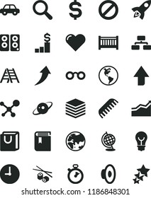 solid black flat icon set prohibition vector, upward direction, magnifier, loudspeaker, book, baby cot, comb, motor vehicle, ladder, wall clock, heart, bulb, pile, flowchart, bag with handles, Earth