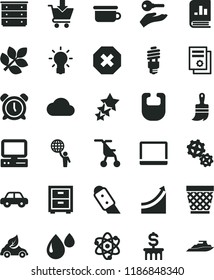 solid black flat icon set wicker pot vector, mark of injury, alarm clock, bedside table, chest drawers, bib, sitting stroller, motor vehicle, children's potty, wooden paint brush, knife, put in cart