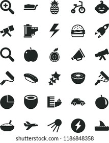 solid black flat icon set lightning vector, magnifier, zoom, horn, camera roll, pie chart, funny hairdo, child bicycle, new roller, paint, artificial satellite, burger, cake slice, japanese sushi
