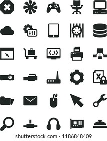 solid black flat icon set mark of injury vector, hierarchical scheme, computer, tablet pc, fan, radiator, encrypting, mouse, card, router, printer, headphones, browser, folder, connect, coding, mail