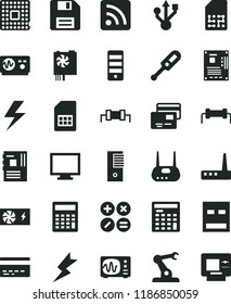 solid black flat icon set lightning vector, floppy disk, monitor, bank card, calculator, rss feed, electronic thermometer e, cards, math actions, processor, assembly robot, SIM, engineer, tower, usb