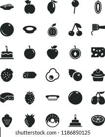 solid black flat icon set birthday cake vector, sausage, piece of cheese, mini hot dog, slices onion, noodles, muffin, glazed with a hole, plate milk, Chupa Chups, fried egg, blueberries, strawberry