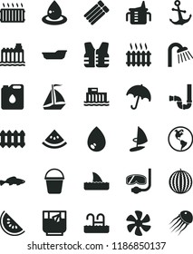 solid black flat icon set measuring cup for feeding vector, bath, bucket, shower, siphon, new radiator, drop, anchor, umbrella, small fish, a glass of tea, water melon, slice, marine propeller, pool