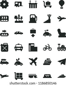 solid black flat icon set truck lorry vector, cargo trolley, paper airplane, Baby chair, car, commercial seaport, gas station, modern, battery, conveyor, production, canister, electric, lunar rover