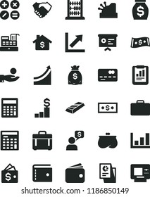 solid black flat icon set purse vector, calculator, growth chart, abacus, case, math actions, front of the bank card, statistical report, catch a coin, hand shake, wallet, money, dollars, dollar