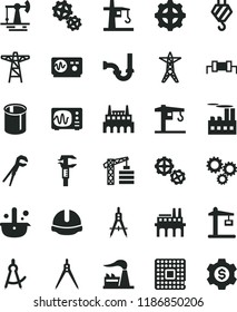 solid black flat icon set crane vector, tower, hook, gears, adjustable wrench, sewerage, construction helmet, working oil derrick, factory, power line, pole, industrial building, enterprise, gear