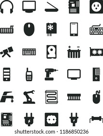 solid black flat icon set keyboard vector, cordless drill, power socket type f, heating coil, faucet mixer, headphones, smartphone, battery, plug, electric, assembly robot, mobile phone, mouse, hdd