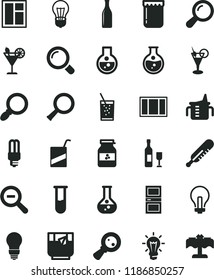 solid black flat icon set incandescent lamp vector, zoom out, measuring cup for feeding, mercury thermometer, window, frame, bulb, interroom door, magnifier, a glass of soda, tea, cocktail, jam